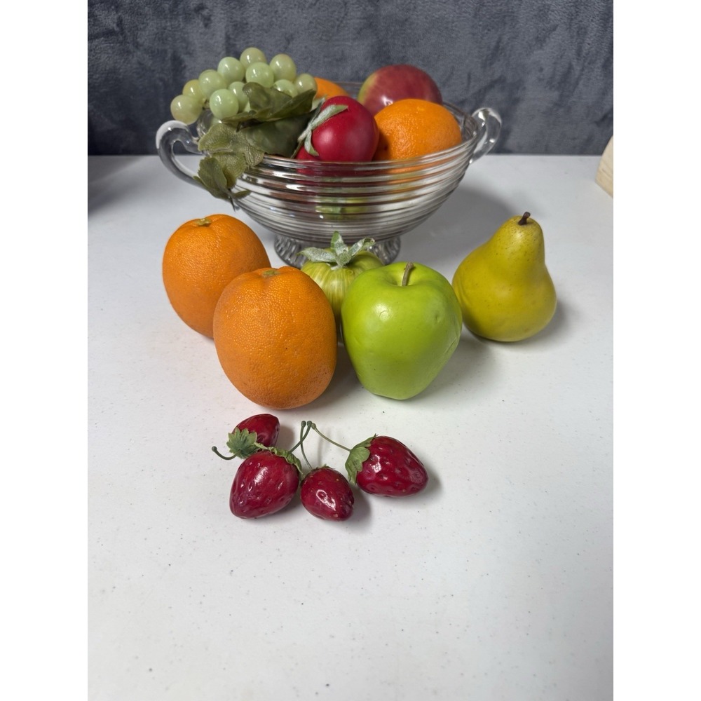 Vtg Anchor Hocking Manhattan Clear Glass Pedestal Fruit Bowl & Faux Fruit Set